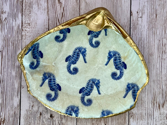 Extra Large Clam Shell Ring Dish with Seahorses