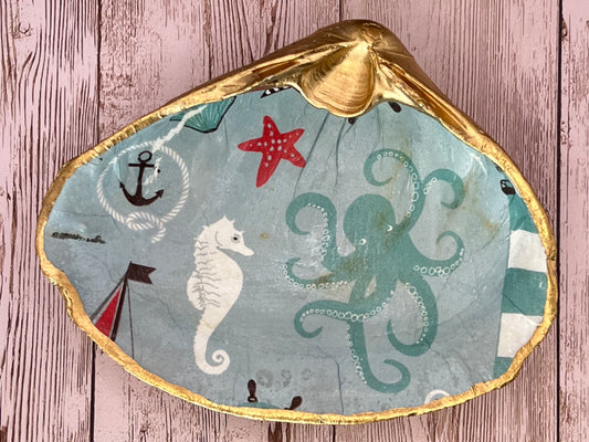 Extra Large Clam Shell Ring Dish with Seahorse & Octopus
