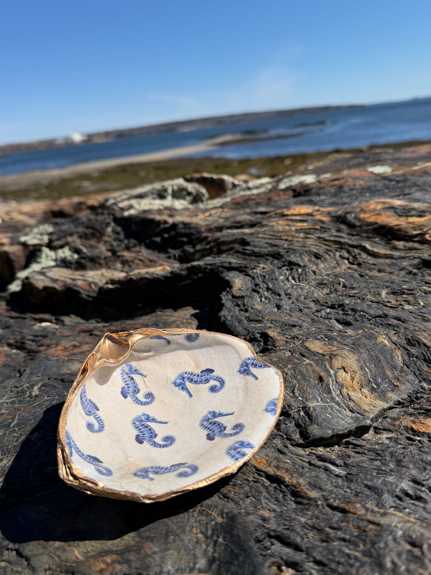 Extra Large Clam Shell Ring Dish with Seahorses