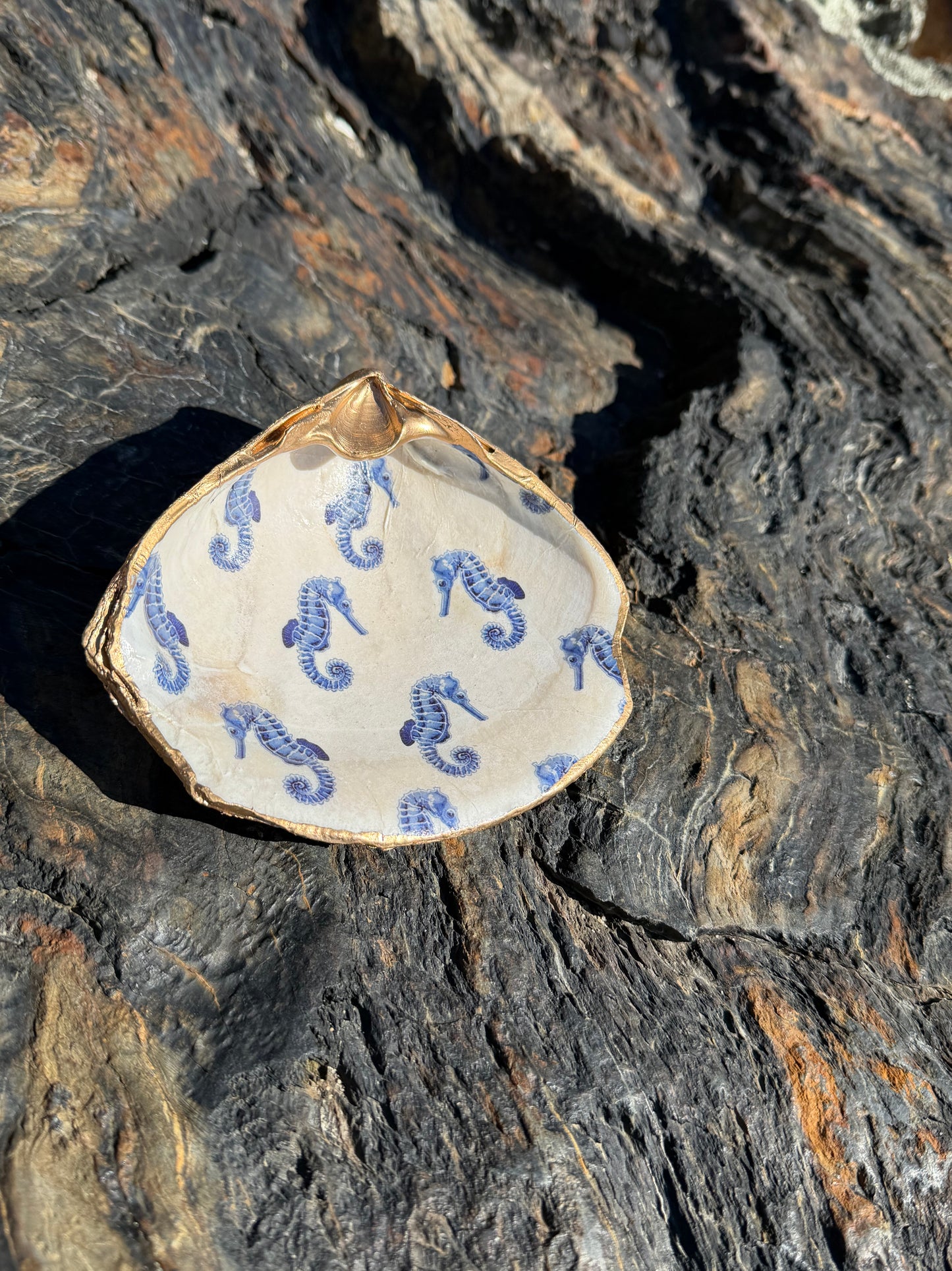 Extra Large Clam Shell Ring Dish with Seahorses